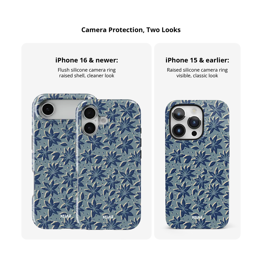 slate blue thistle floral print iPhone case in Tough finish – camera bump protection compared across iPhone models