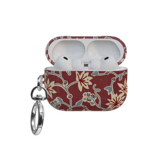 Burgundy Floral airpods pro case front view with open lid and keychain
