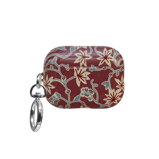 Burgundy Floral airpods pro case front view with closed lid and keychain