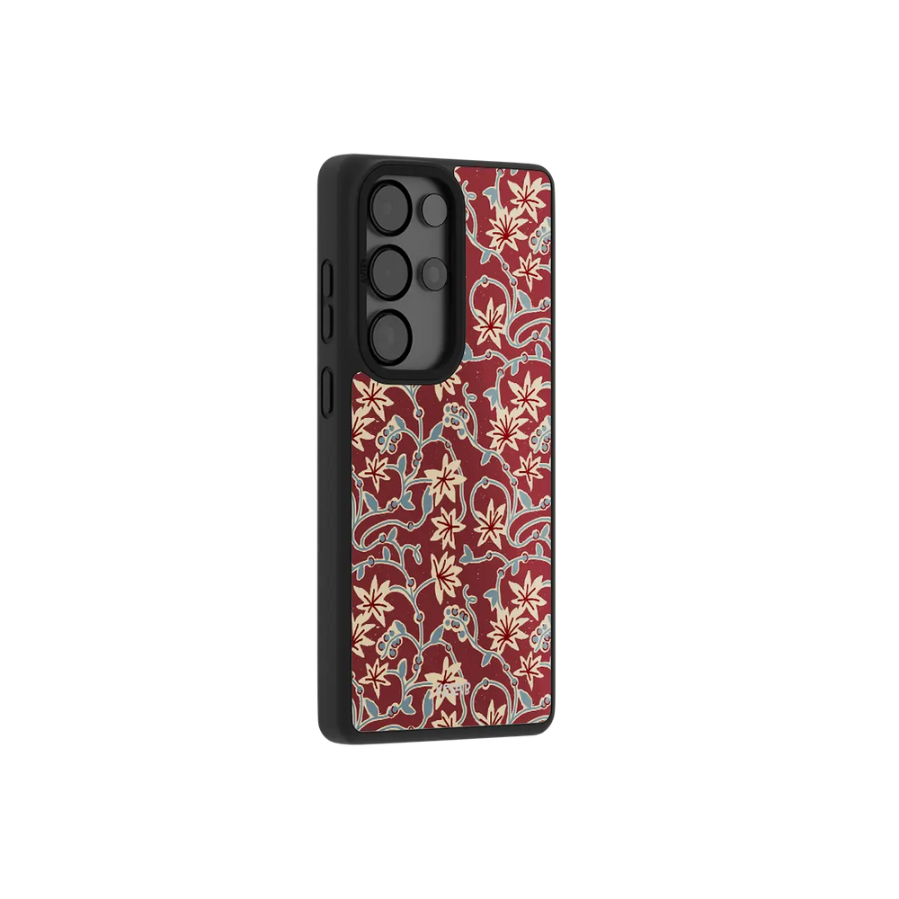 burgundy vine floral print Samsung Galaxy phone case, Bold finish – side angle view showing button cutouts and wraparound edge