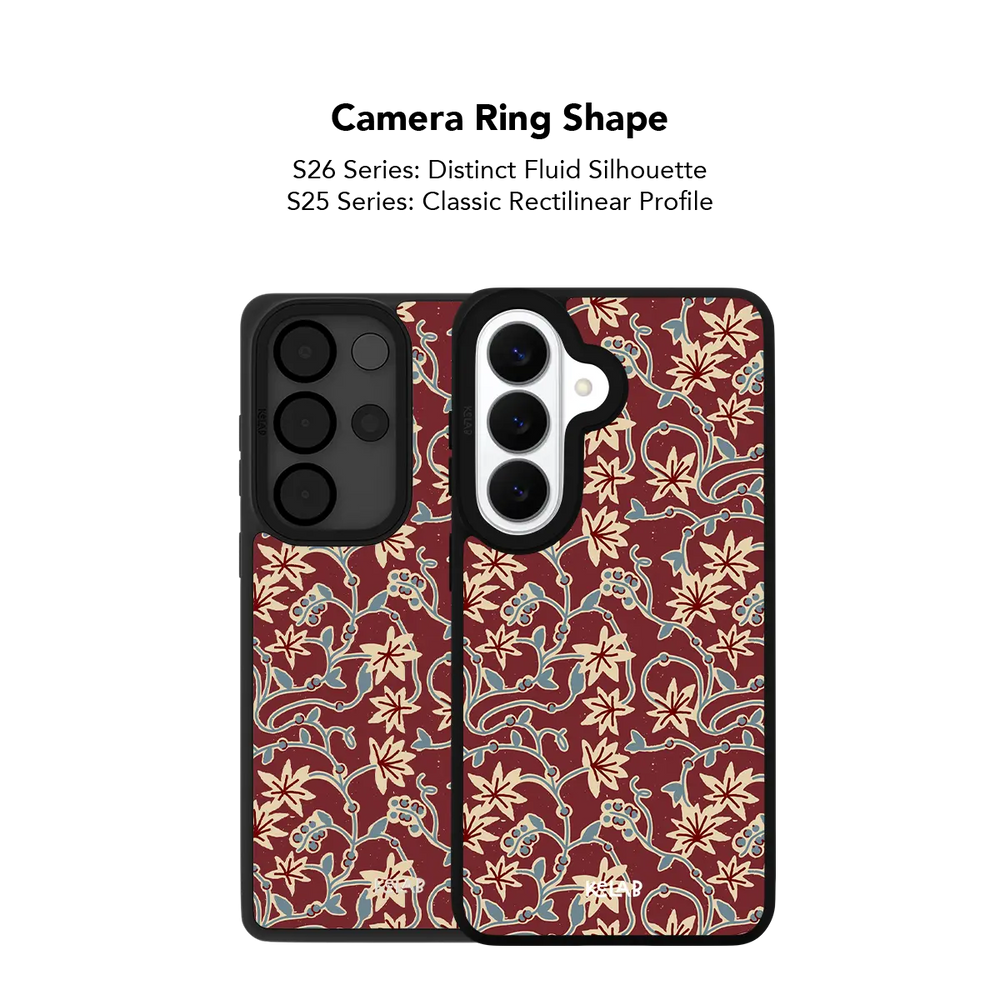 burgundy vine floral print Samsung Galaxy phone case, Bold finish – camera ring cutout shape detail