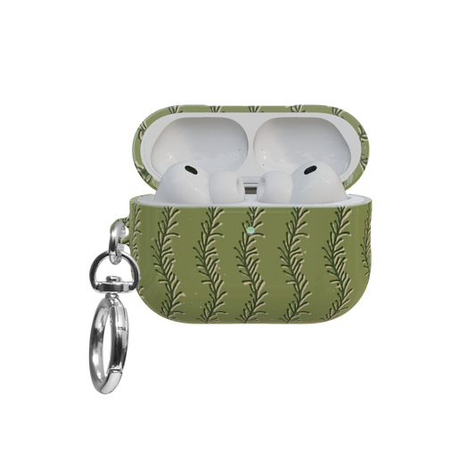 Olive Green Striped airpods pro case front view with open lid and keychain