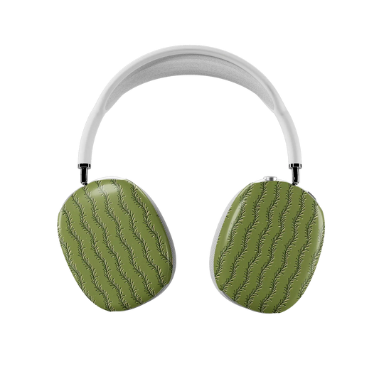 olive green fern-stripe print AirPods Max case – front view showing both ear cups