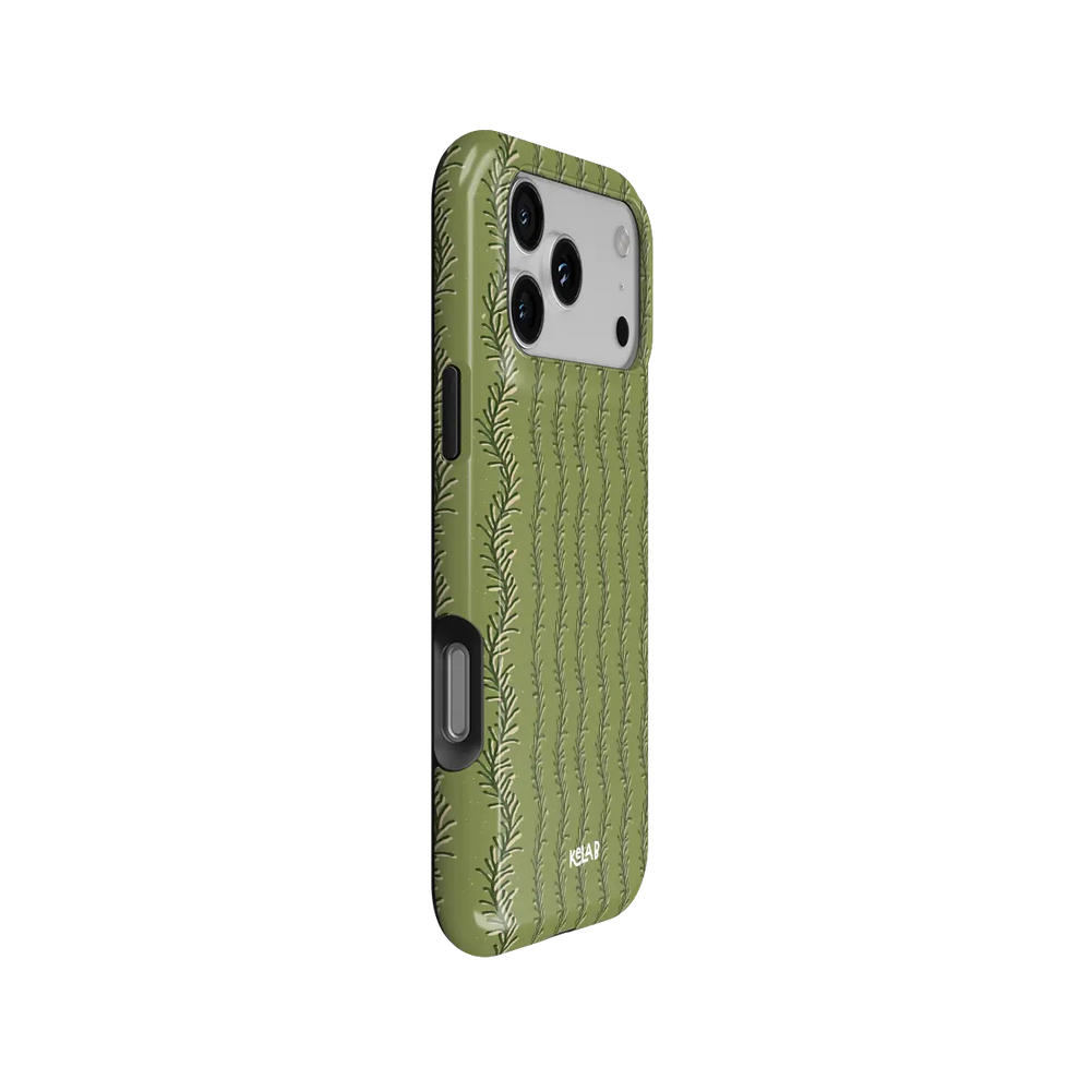 olive green fern-stripe print iPhone case in Tough finish – side angle view showing button cutouts and wraparound edge