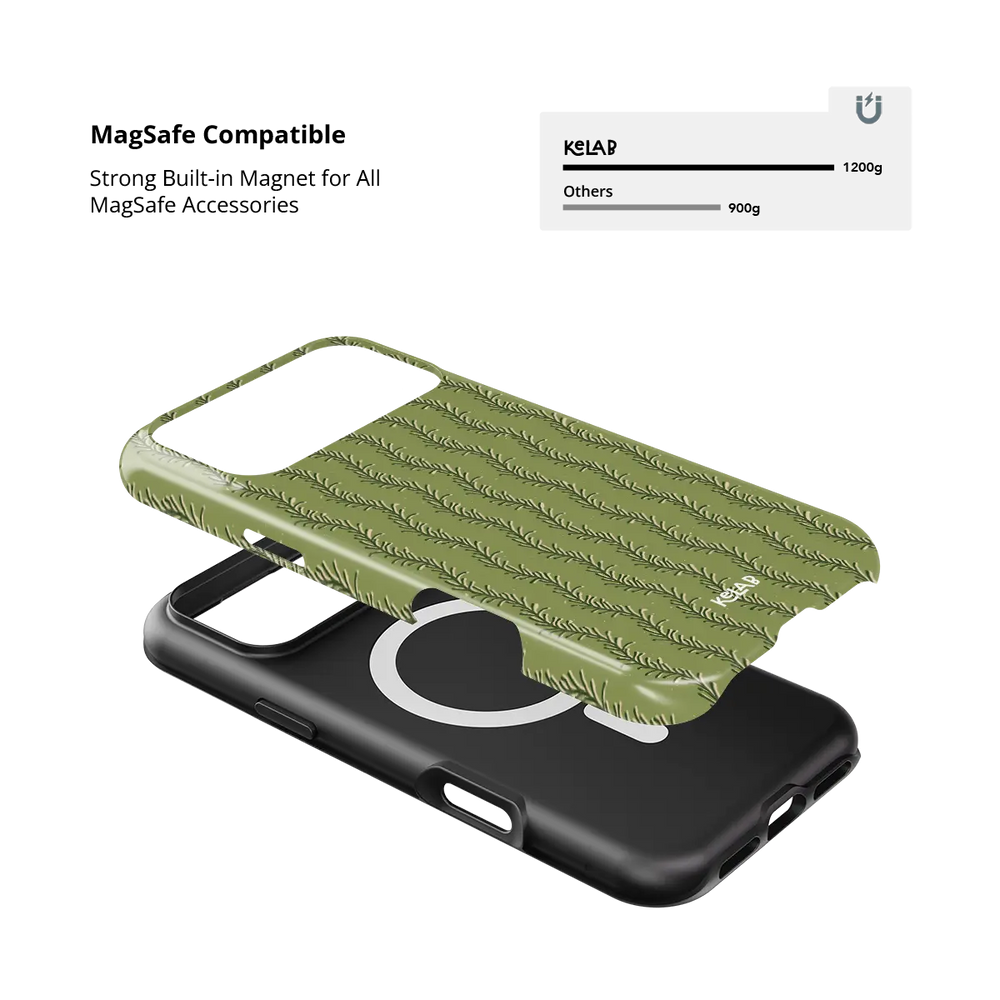 olive green fern-stripe print iPhone case in Tough finish – close-up of the built-in MagSafe magnet ring