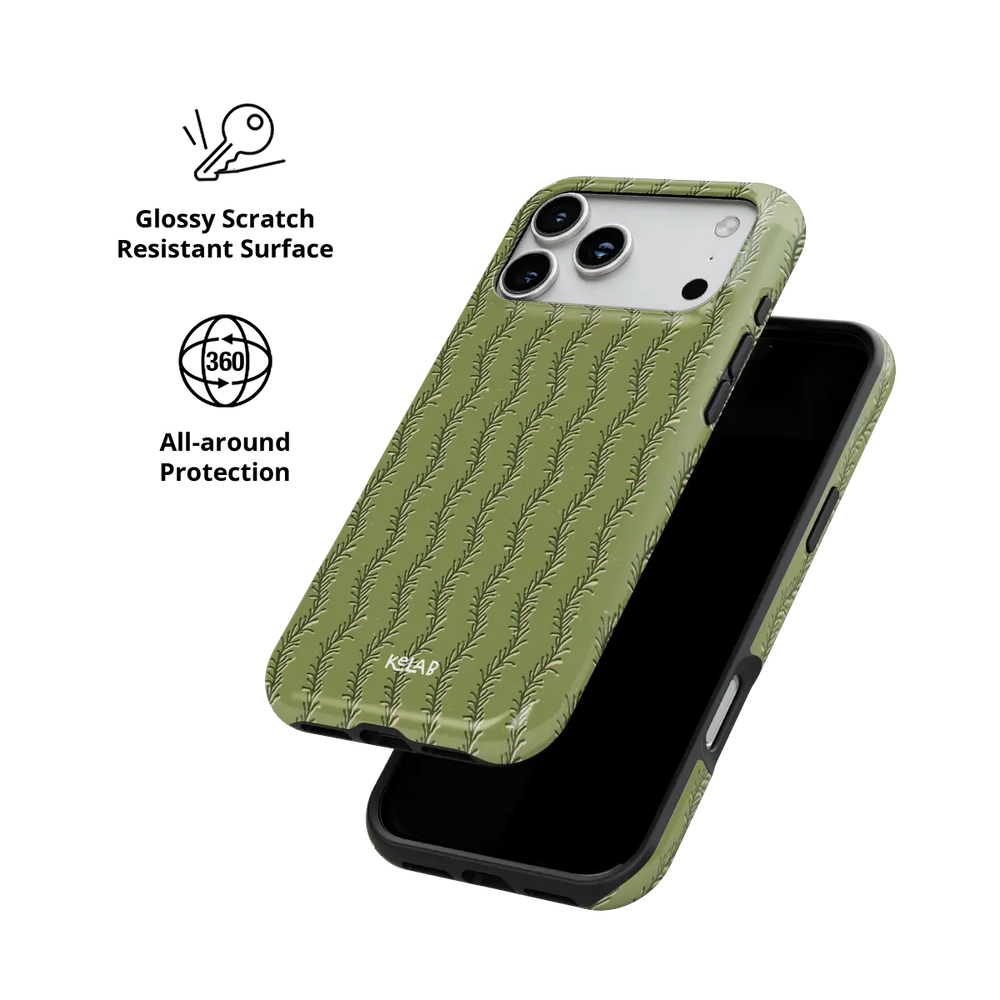 olive green fern-stripe print iPhone case in Tough finish – all-around scratch-resistant protective shell