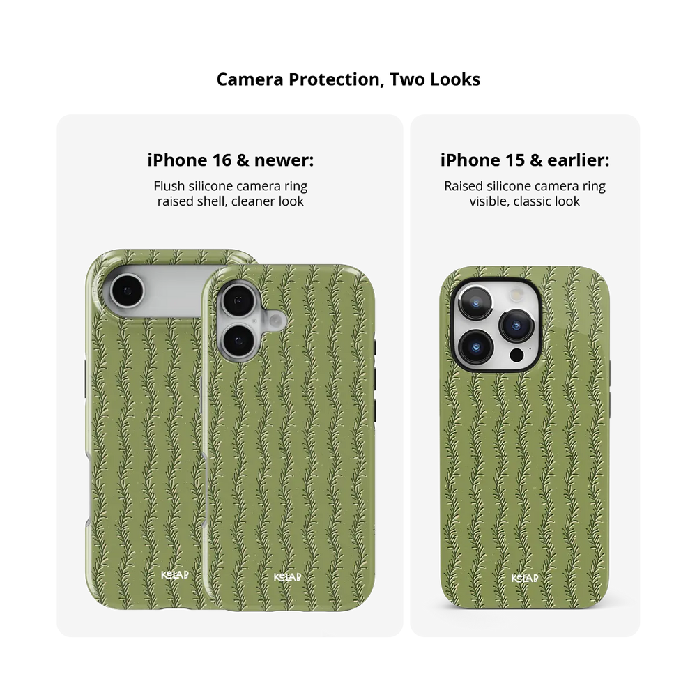 olive green fern-stripe print iPhone case in Tough finish – camera bump protection compared across iPhone models