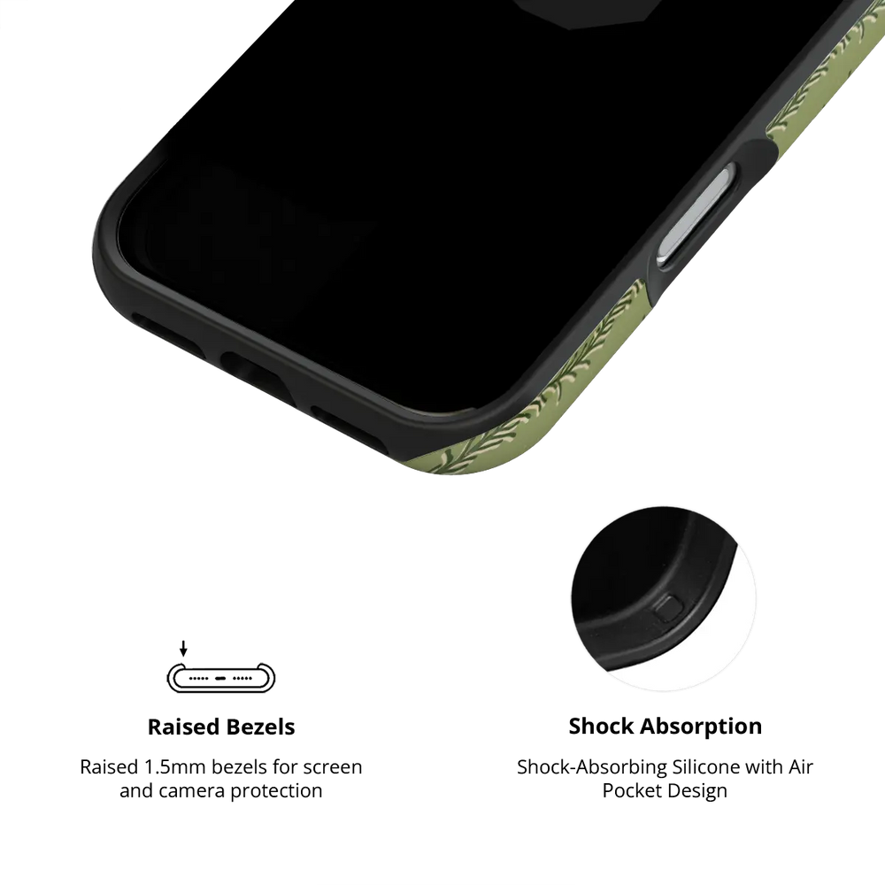 olive green fern-stripe print iPhone case in Tough finish – raised bezel with shock-absorbing liner