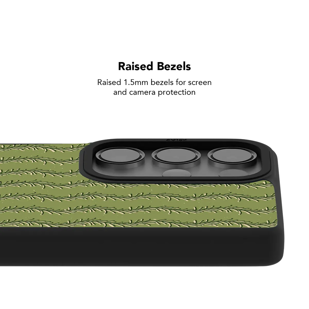 olive green fern-stripe print Samsung Galaxy phone case, Bold finish – raised bezel with camera protection