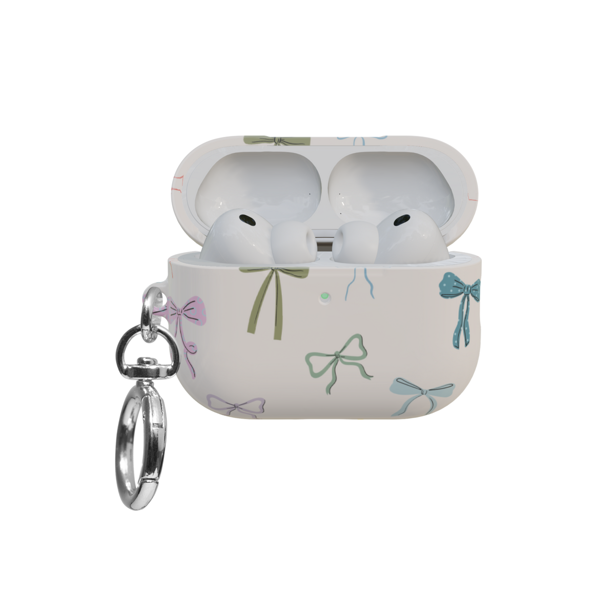 Ivory Bow airpods pro case front view with open lid and keychain