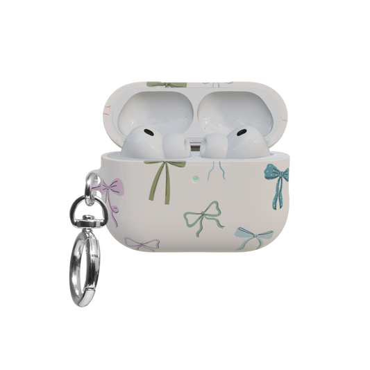 Ivory Bow airpods pro case front view with open lid and keychain