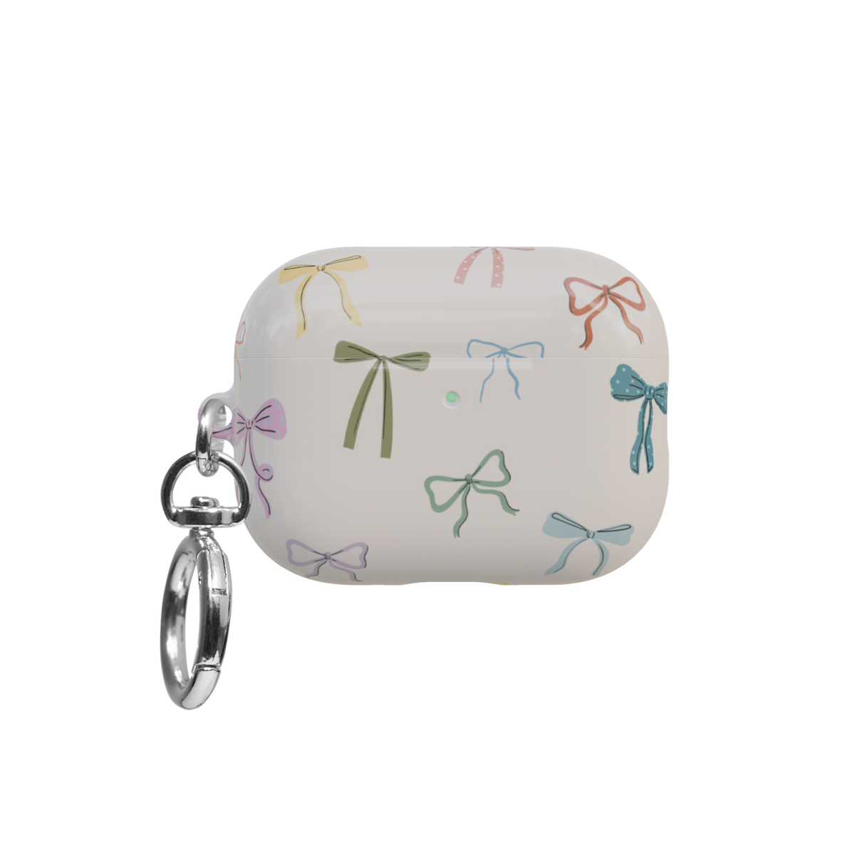 Ivory Bow airpods pro case front view with closed lid and keychain