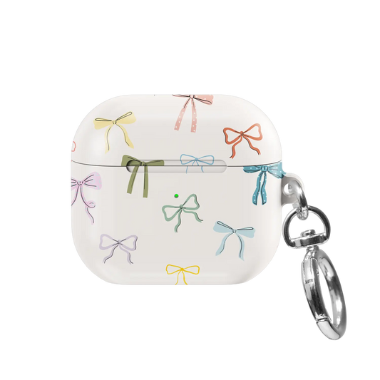 colorful hand-drawn bow print on ivory case for AirPods 4 / AirPods Pro – front view with lid closed