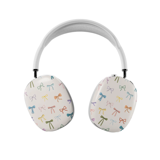 colorful hand-drawn bow print on ivory AirPods Max case – front view showing both ear cups