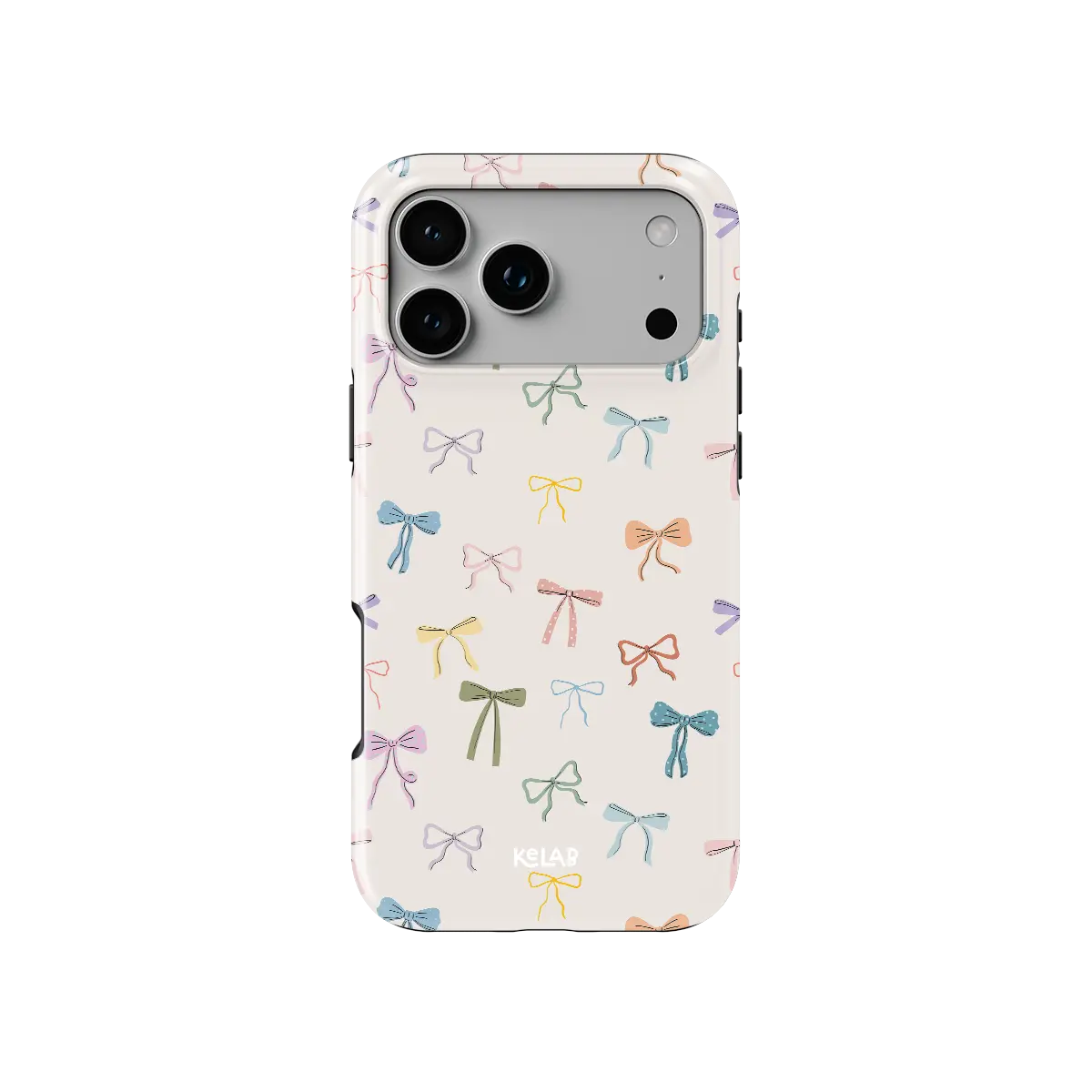 colorful hand-drawn bow print on ivory iPhone case in Tough finish – back view with full camera cutout