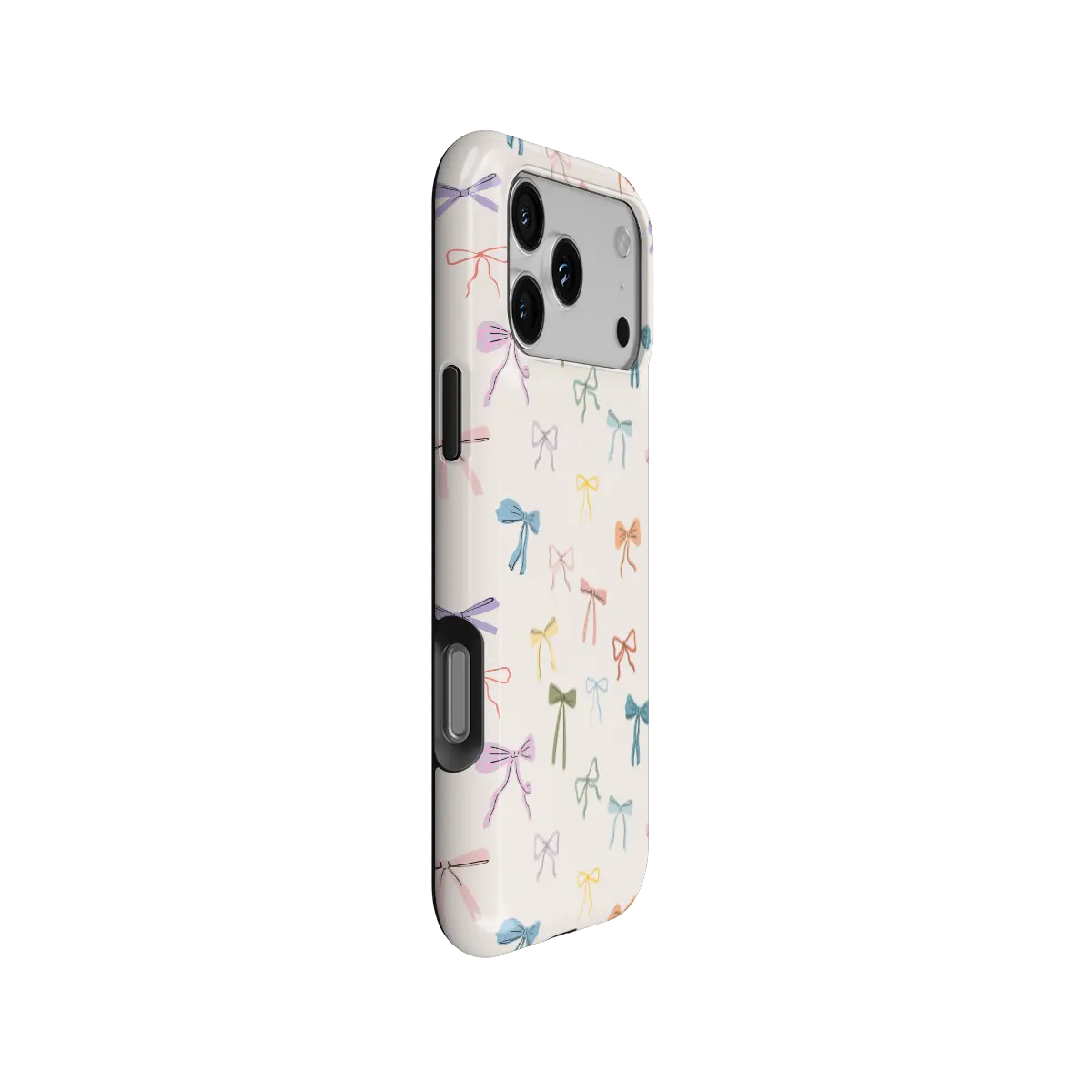 colorful hand-drawn bow print on ivory iPhone case in Tough finish – side angle view showing button cutouts and wraparound edge
