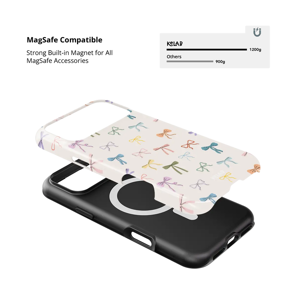 colorful hand-drawn bow print on ivory iPhone case in Tough finish – close-up of the built-in MagSafe magnet ring