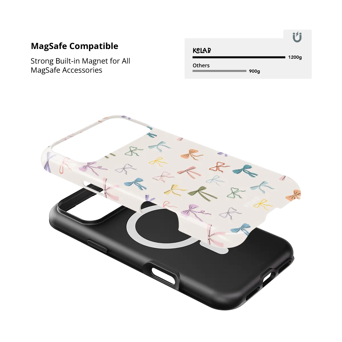 colorful hand-drawn bow print on ivory iPhone case in Tough finish – close-up of the built-in MagSafe magnet ring
