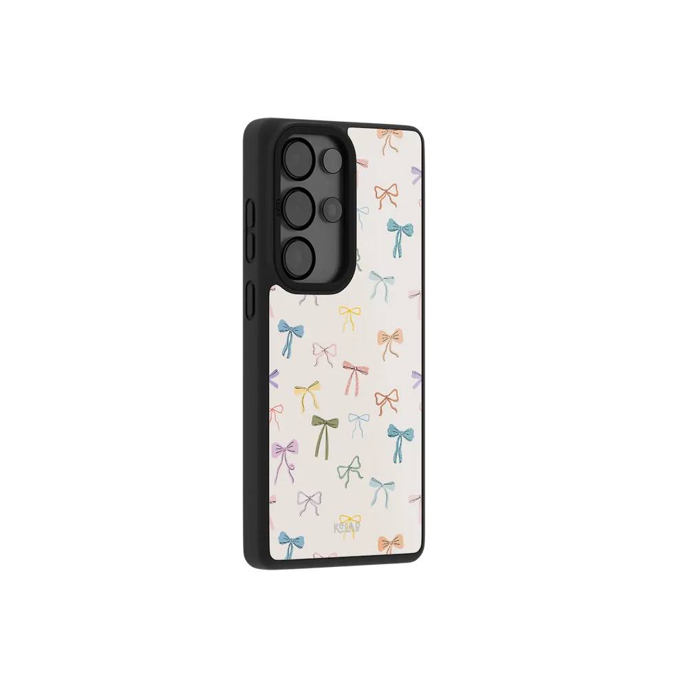 colorful hand-drawn bow print on ivory Samsung Galaxy phone case, Bold finish – side angle view showing button cutouts and wraparound edge