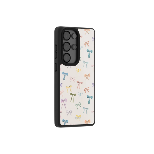 colorful hand-drawn bow print on ivory Samsung Galaxy phone case, Bold finish – side angle view showing button cutouts and wraparound edge