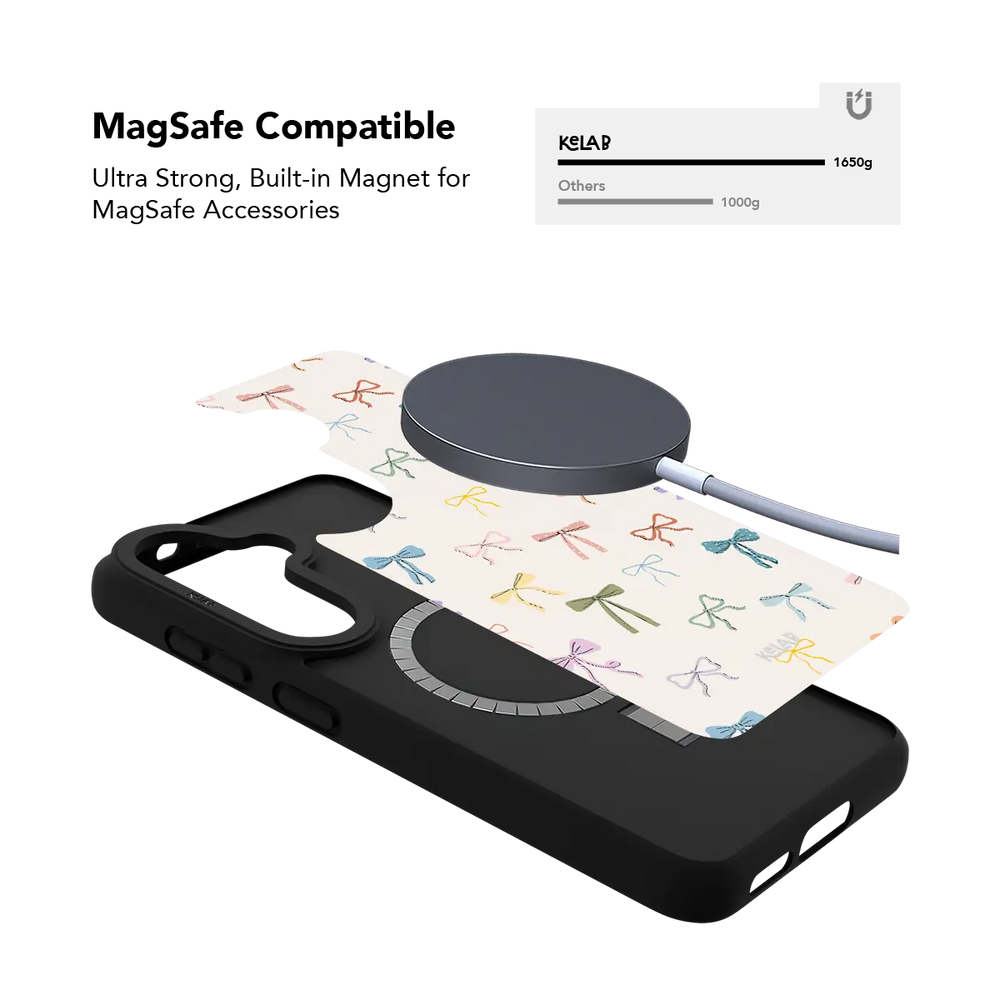colorful hand-drawn bow print on ivory Samsung Galaxy phone case, Bold finish – close-up of the built-in MagSafe-compatible magnet ring