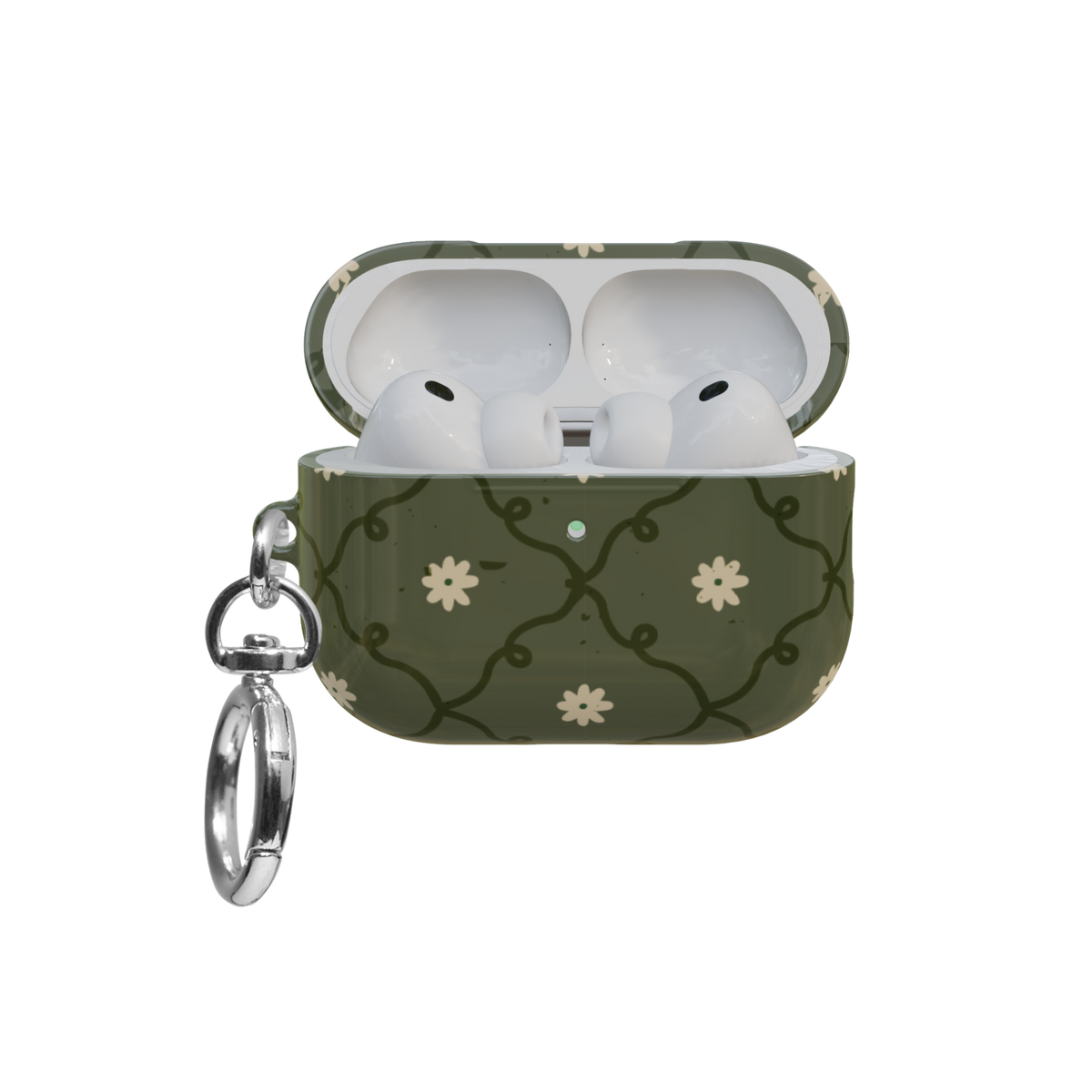 Moss Green Floral airpods pro case front view with open lid and keychain