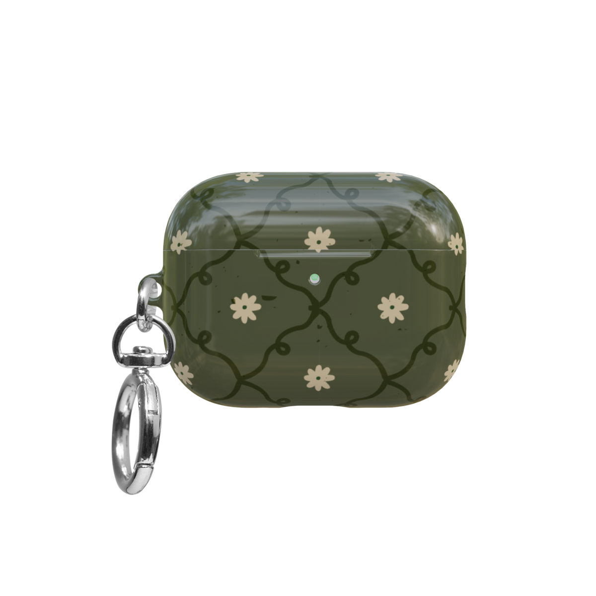 Moss Green Floral airpods pro case front view with closed lid and keychain