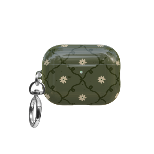 Moss Green Floral airpods pro case front view with closed lid and keychain
