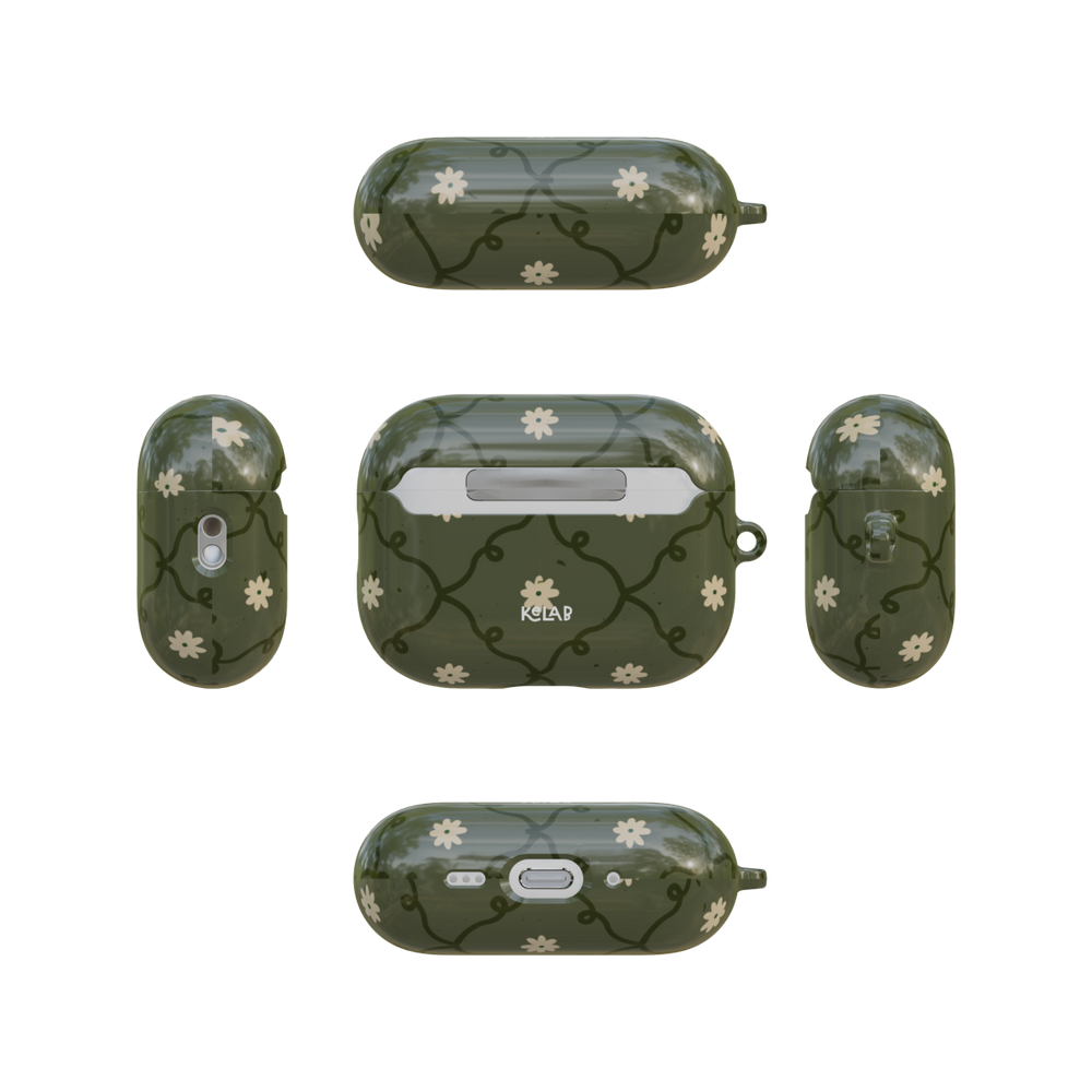 Moss Green Floral airpods pro case back and four sides flat lay view