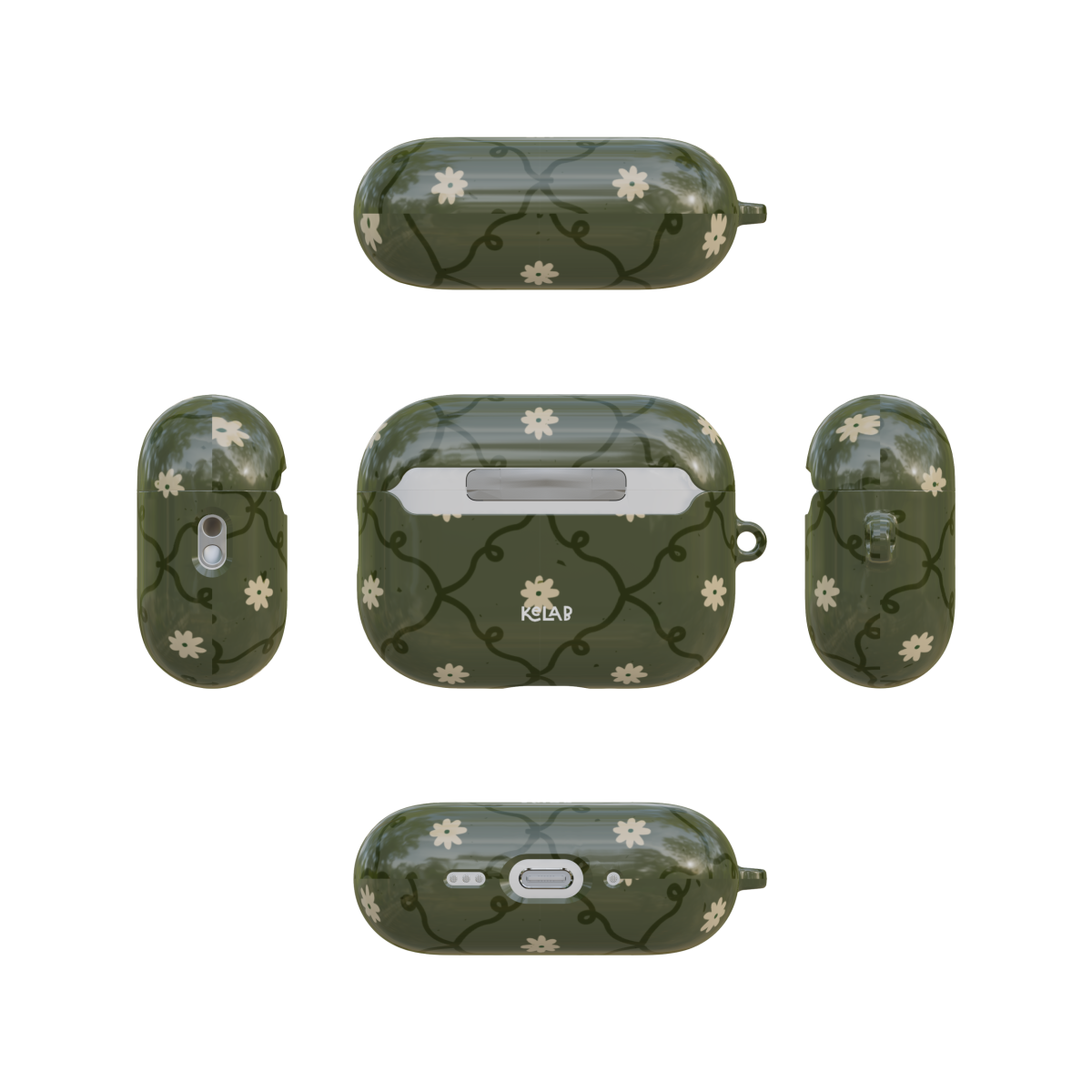 Moss Green Floral airpods pro case back and four sides flat lay view