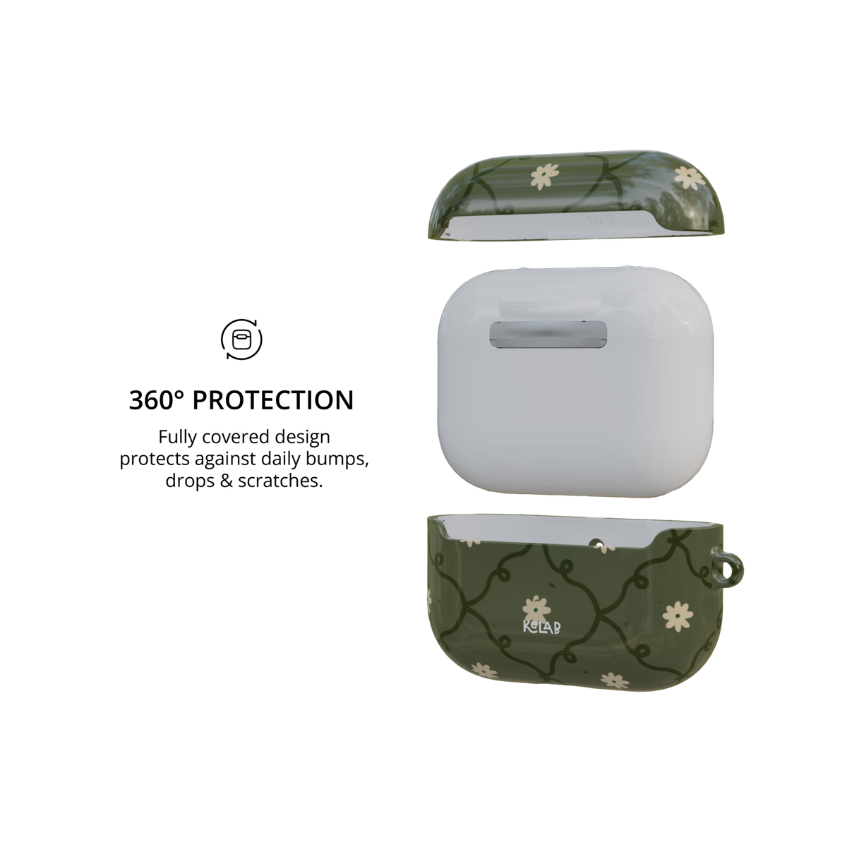 Moss Green Floral airpods pro case exploded view with 360 degree protection