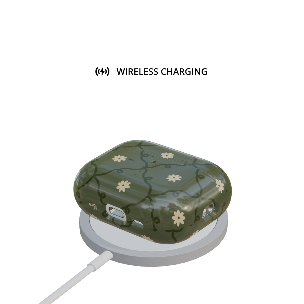 Moss Green Floral airpods pro case on wireless charger wireless charging compatible