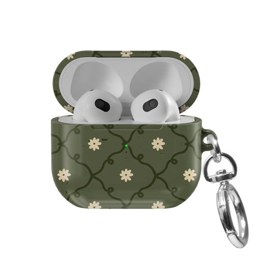 moss green daisy trellis floral print case for AirPods 4 / AirPods Pro – front view with lid open