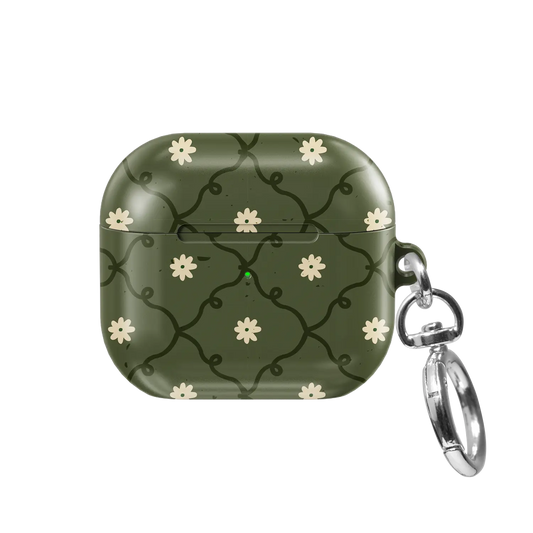 moss green daisy trellis floral print case for AirPods 4 / AirPods Pro – front view with lid closed