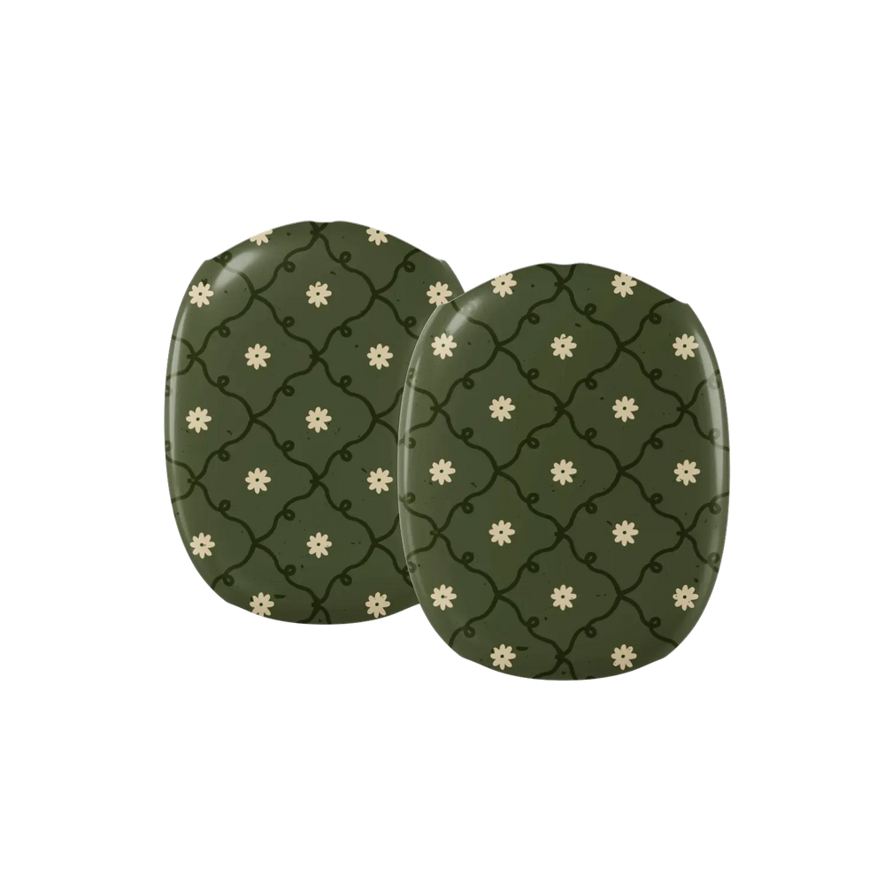 moss green daisy trellis floral print AirPods Max case – close-up detail of the ear cup covers