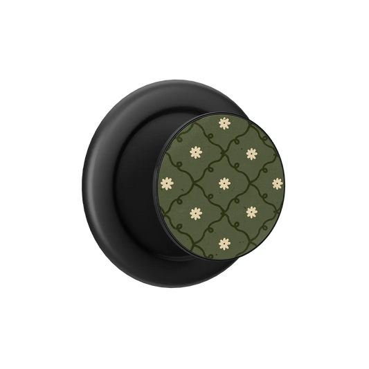 moss green daisy trellis floral print MagSafe phone grip, black hardware – expanded front hero view