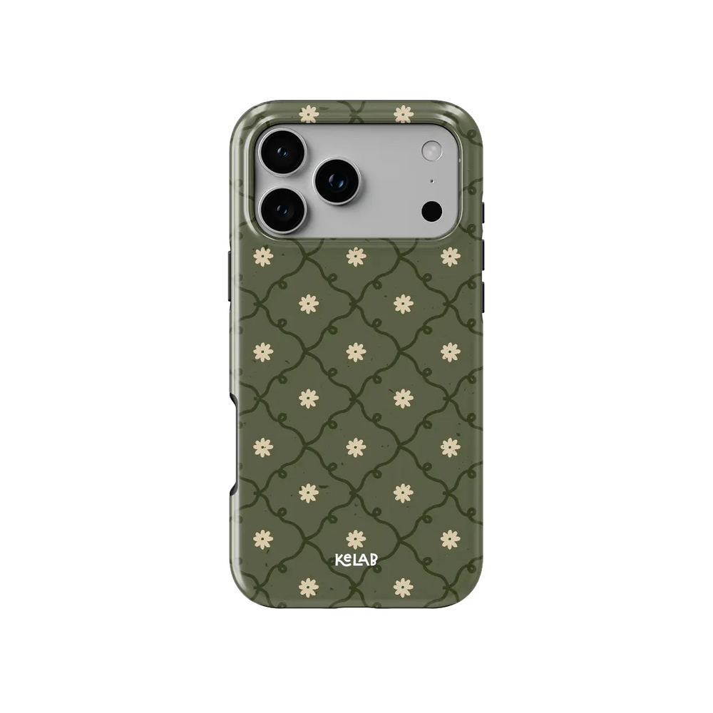 moss green daisy trellis floral print iPhone case, Tough finish – back view with full camera cutout