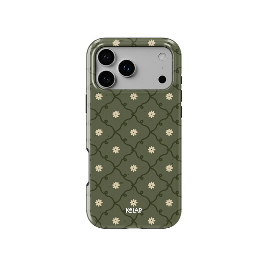 moss green daisy trellis floral print iPhone case, Tough finish – back view with full camera cutout