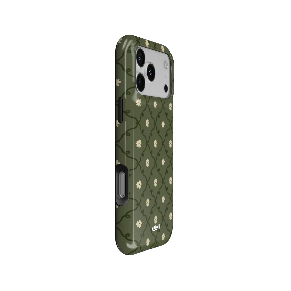 moss green daisy trellis floral print iPhone case, Tough finish – side angle view showing button cutouts and wraparound edge