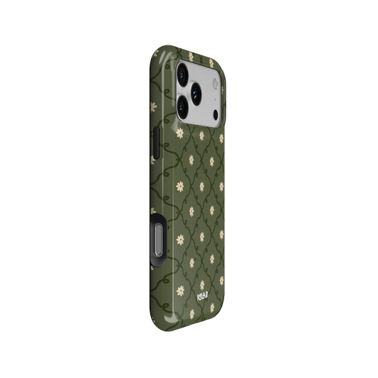 moss green daisy trellis floral print iPhone case, Tough finish – side angle view showing button cutouts and wraparound edge