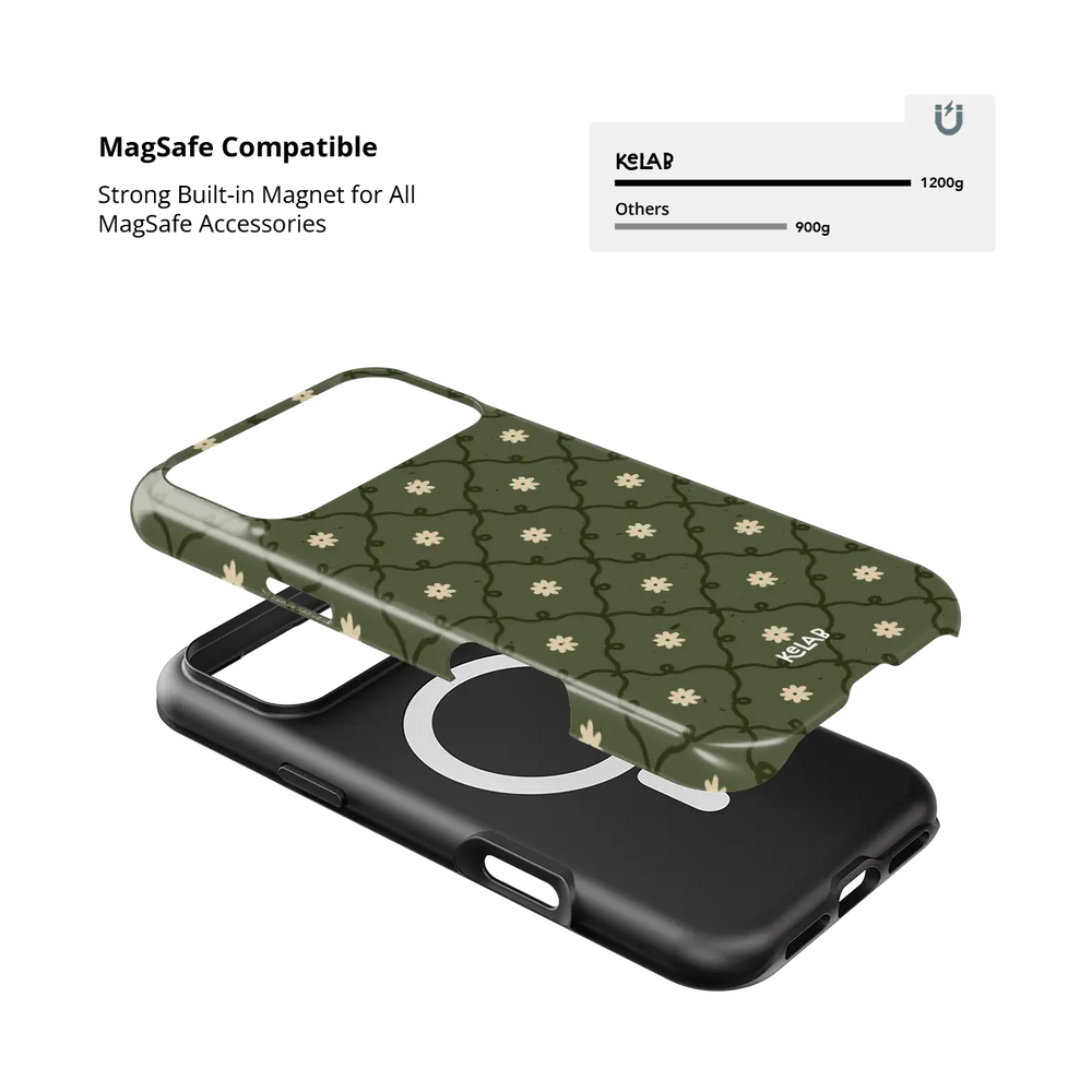 moss green daisy trellis floral print iPhone case, Tough finish – close-up of the built-in MagSafe magnet ring