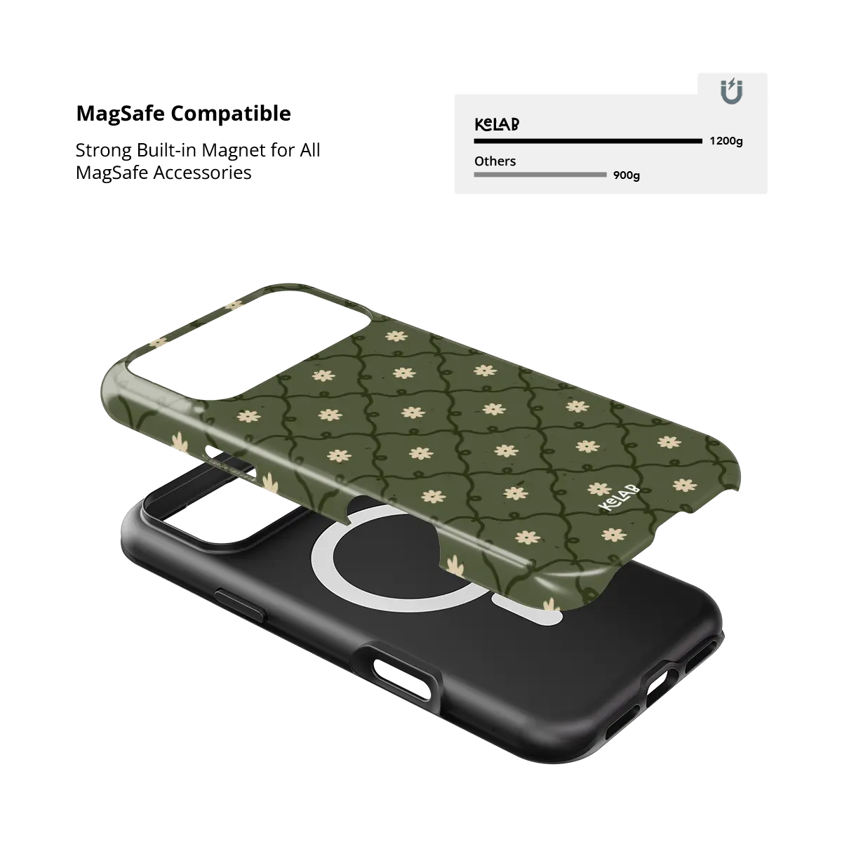moss green daisy trellis floral print iPhone case, Tough finish – close-up of the built-in MagSafe magnet ring