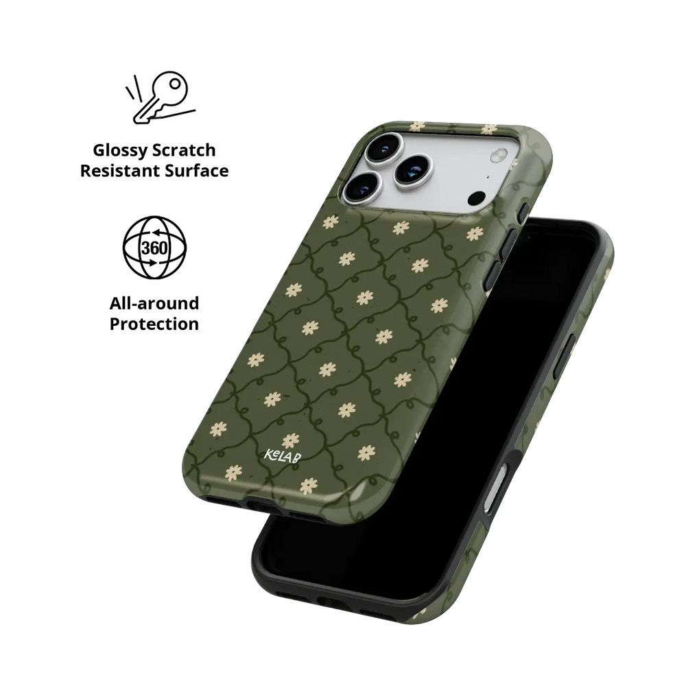 moss green daisy trellis floral print iPhone case, Tough finish – all-around scratch-resistant protective shell