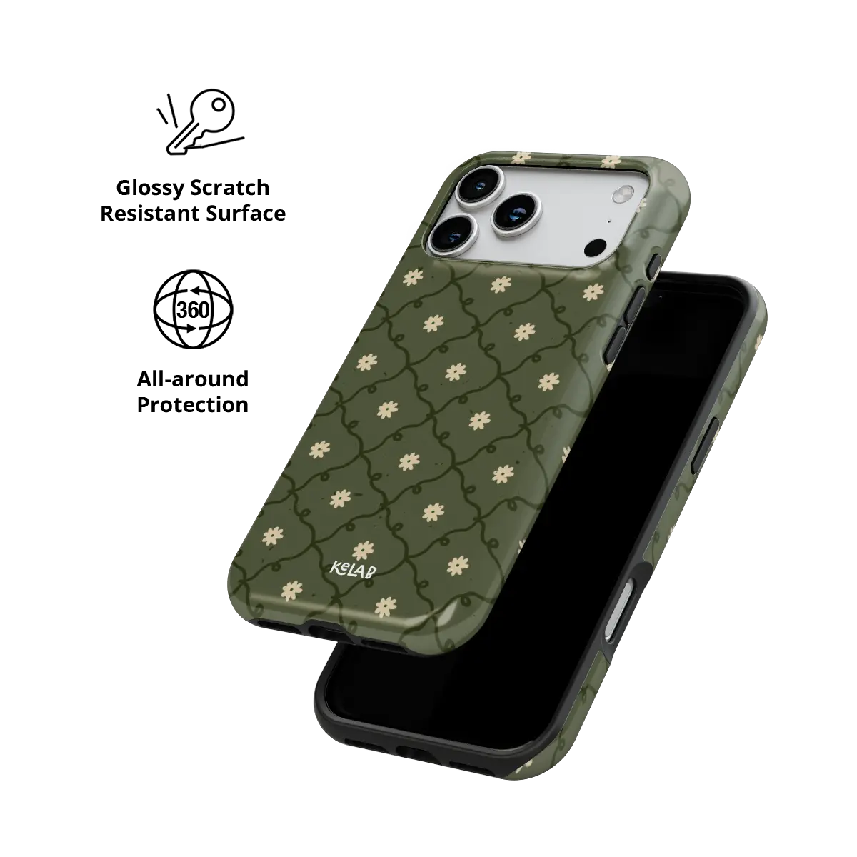 moss green daisy trellis floral print iPhone case, Tough finish – all-around scratch-resistant protective shell