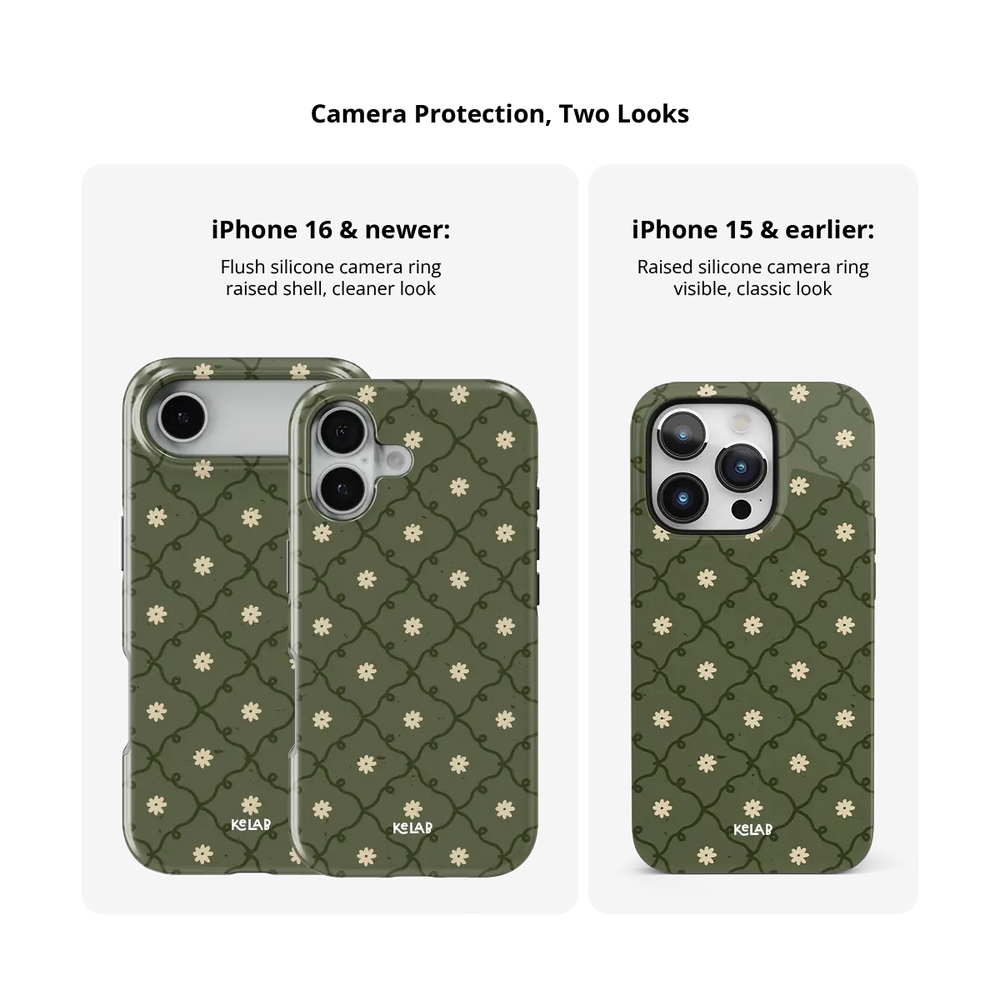 moss green daisy trellis floral print iPhone case, Tough finish – camera bump protection compared across iPhone models