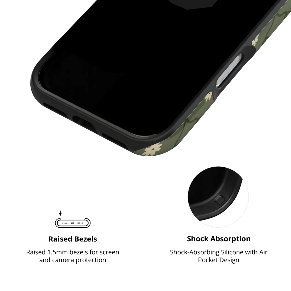 moss green daisy trellis floral print iPhone case, Tough finish – raised bezel with shock-absorbing liner