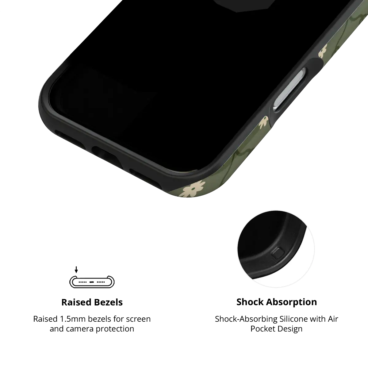 moss green daisy trellis floral print iPhone case, Tough finish – raised bezel with shock-absorbing liner