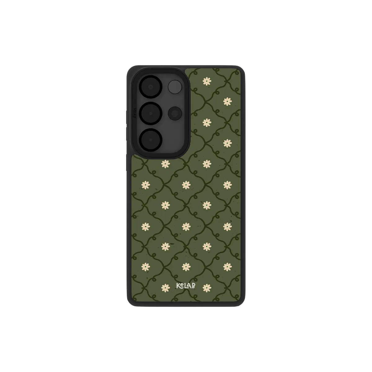 moss green daisy trellis floral print Samsung Galaxy phone case, Bold finish – back view with full camera cutout