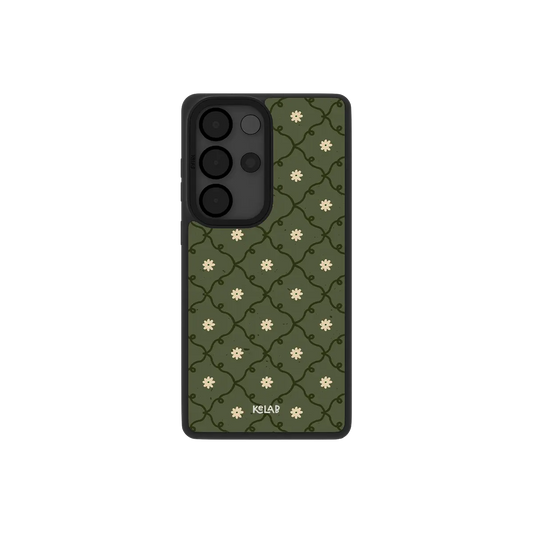 moss green daisy trellis floral print Samsung Galaxy phone case, Bold finish – back view with full camera cutout