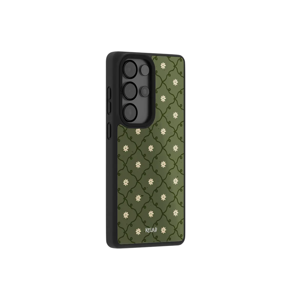 moss green daisy trellis floral print Samsung Galaxy phone case, Bold finish – side angle view showing button cutouts and wraparound edge